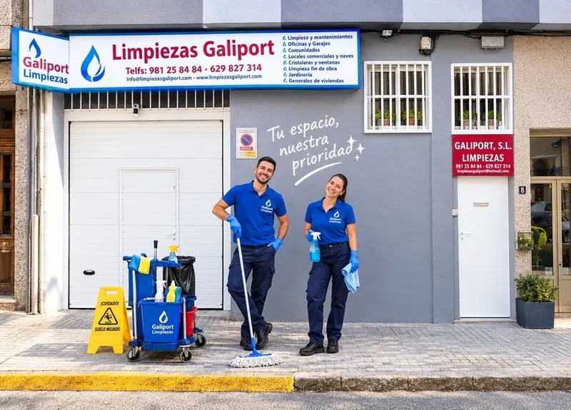 Equipo de Limpiezas Galiport con uniforme y material de limpieza frente a su local en A Coruña